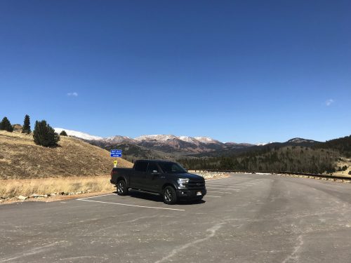 Our car in front of the mountains