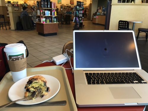 Coffee, a blueberry scone and updating the blog on my laptop