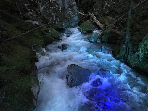 Waterfalls with coloured lamps