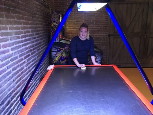 Playing air hockey with my sister in law