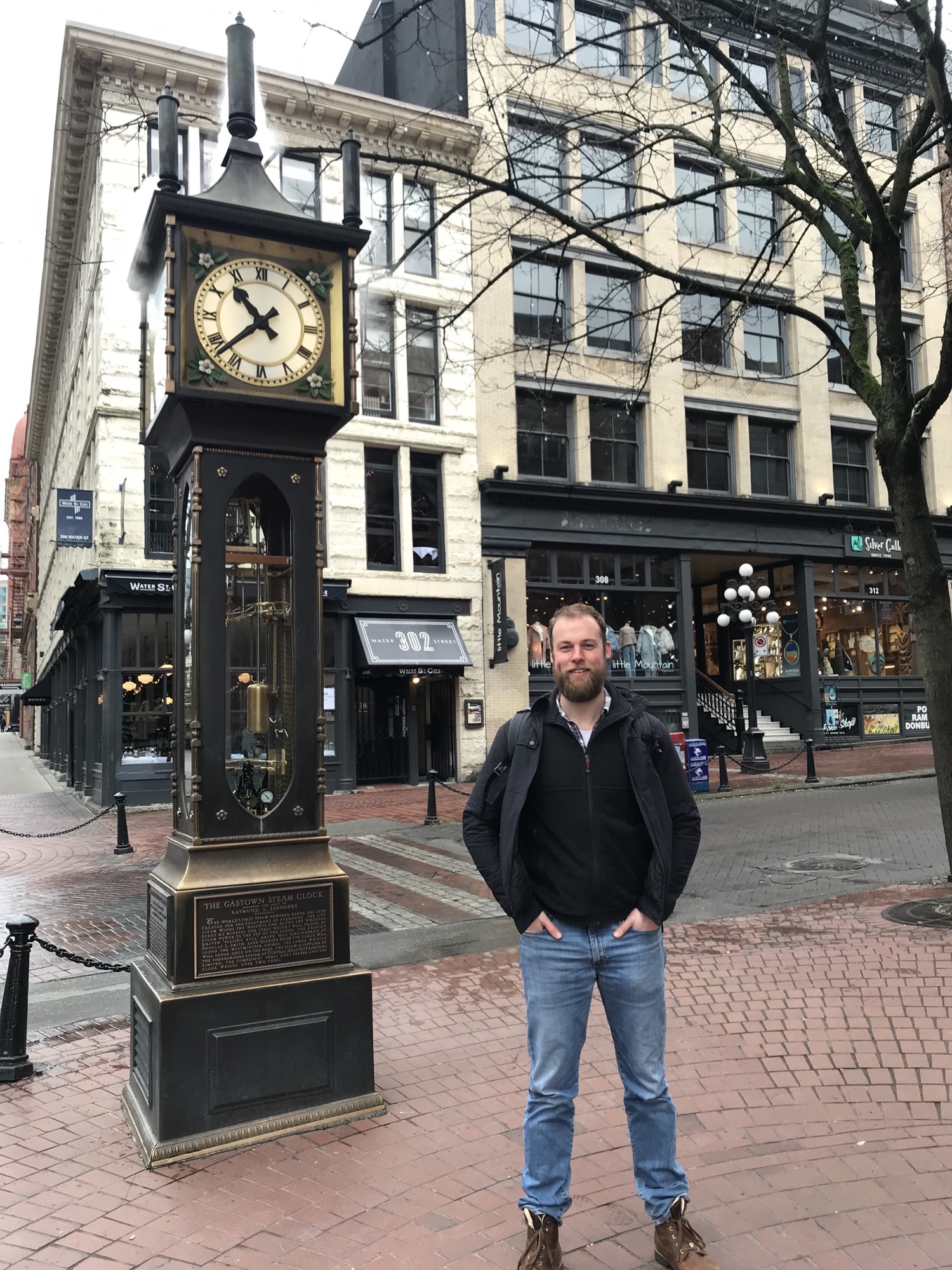 Posing by the Seam Clock in Gastown Vancouver